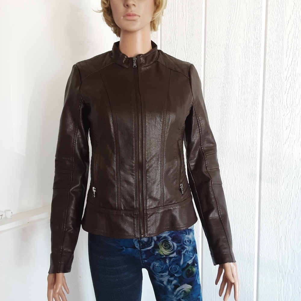 Guess LA #401 Women's Faux Leather Jacket Size XS Brown Preowned Good Condition